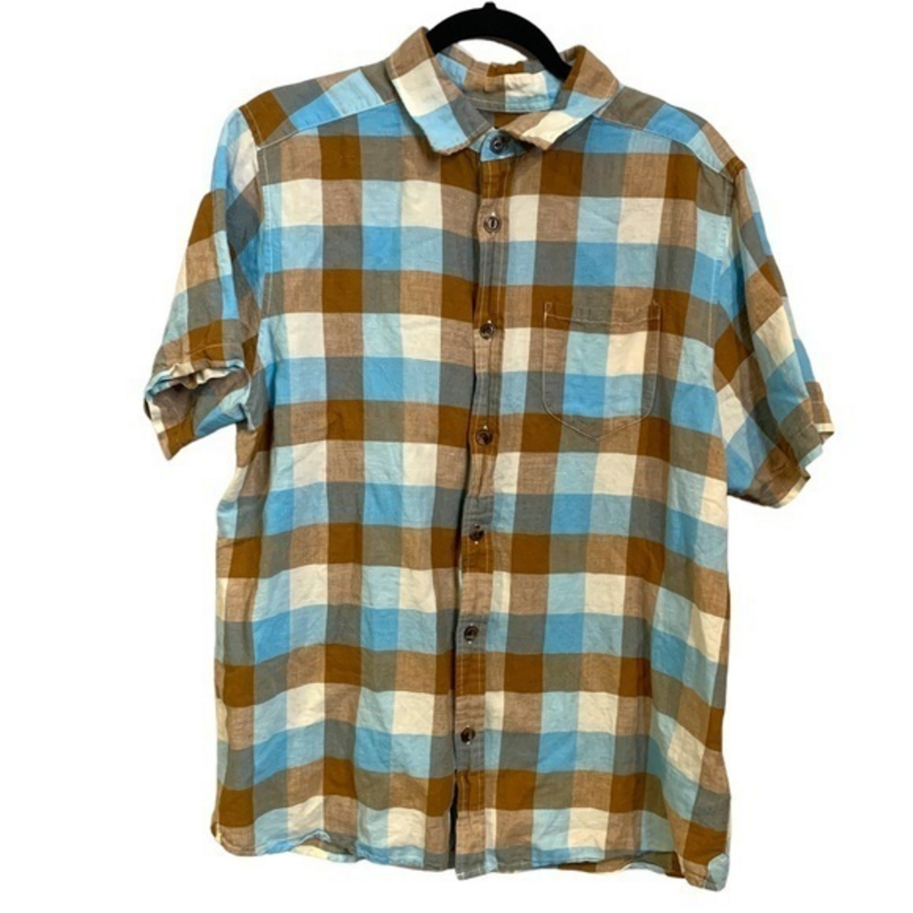 The North Face Button Up‎ Shirt Blue Brown White Size Large Linen Blend